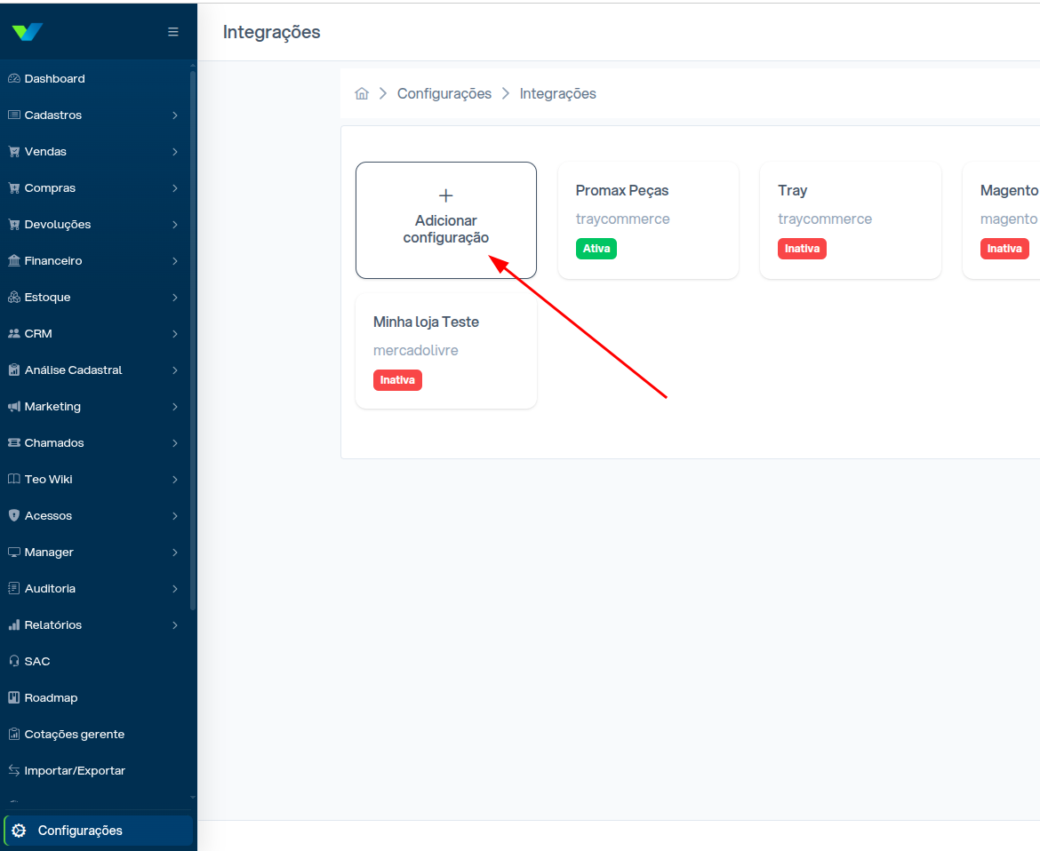 Tela de listagem de integrações com botão Adicionar configuração