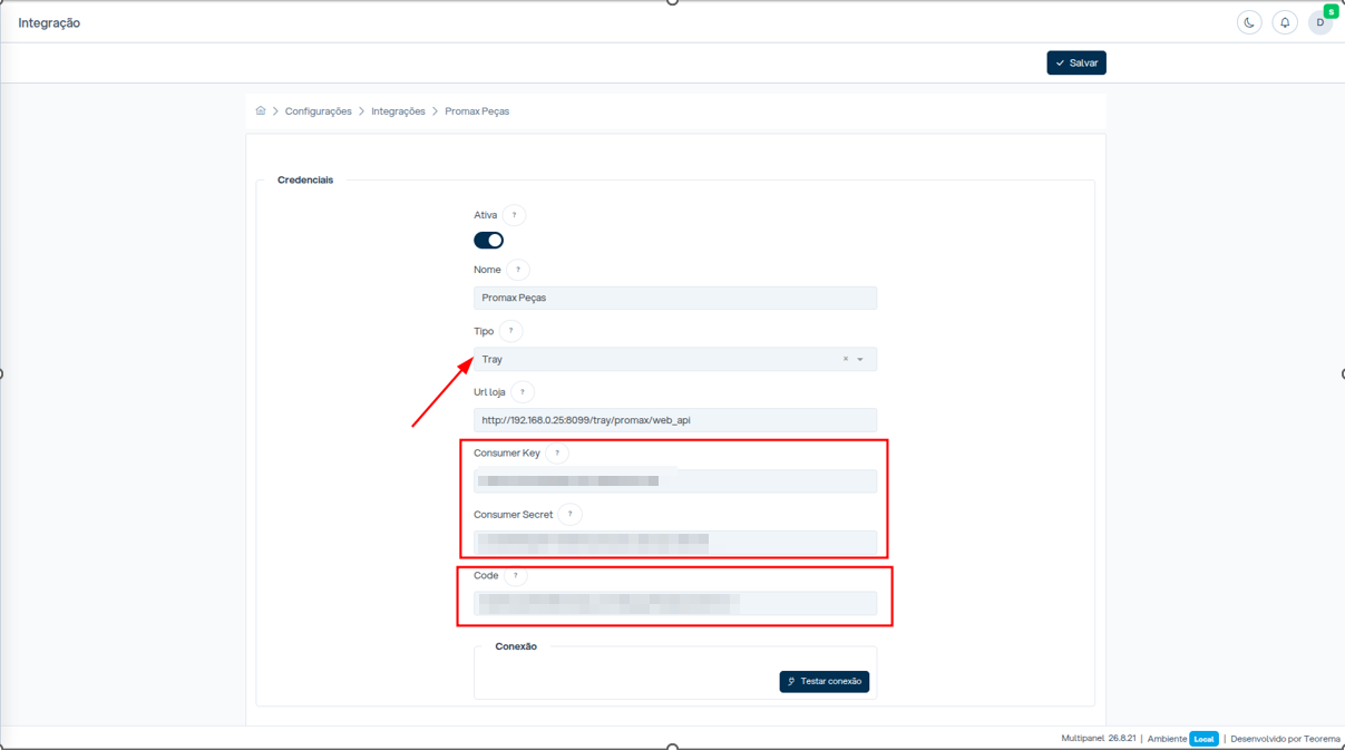 Formulário de credenciais com campos Ativa, Nome, Tipo, Url loja, Consumer Key, Consumer Secret e Code
