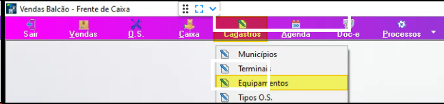 Menu Vendas Balcão com opção Equipamentos destacada