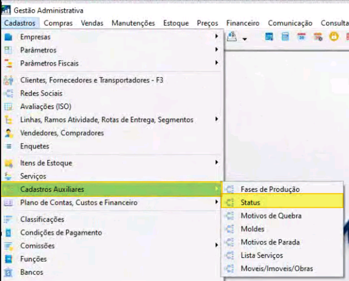 Menu de Gestão Administrativa navegando para Cadastros Auxiliares e Status