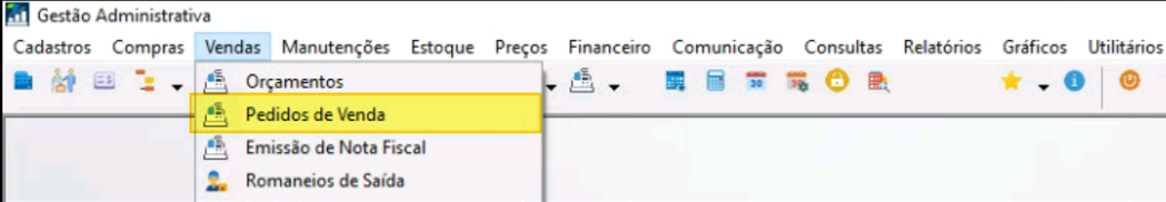 Menu Gestão Administrativa com o menu Vendas aberto destacando 