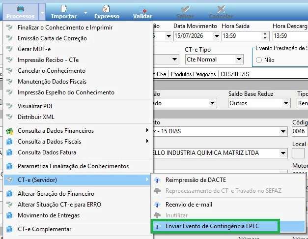 Menu Processos com opção para enviar evento de contingência EPEC