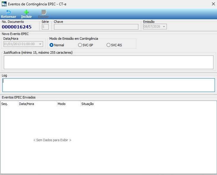 Tela de gerenciamento dos eventos EPEC para CT-e