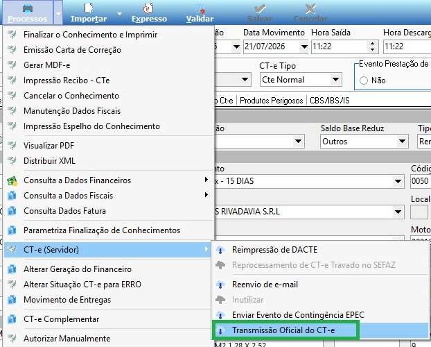 Menu mostrando a opção Transmissão Oficial do CT-e