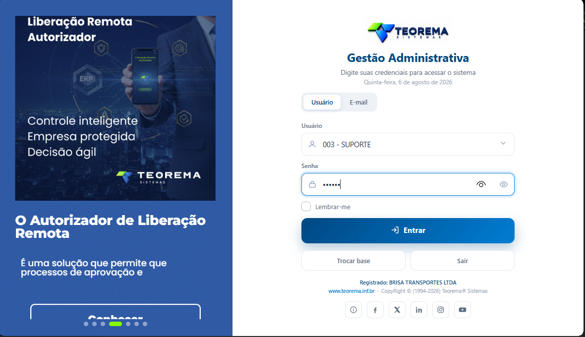 Formulário de login e senha da Gestão Administrativa