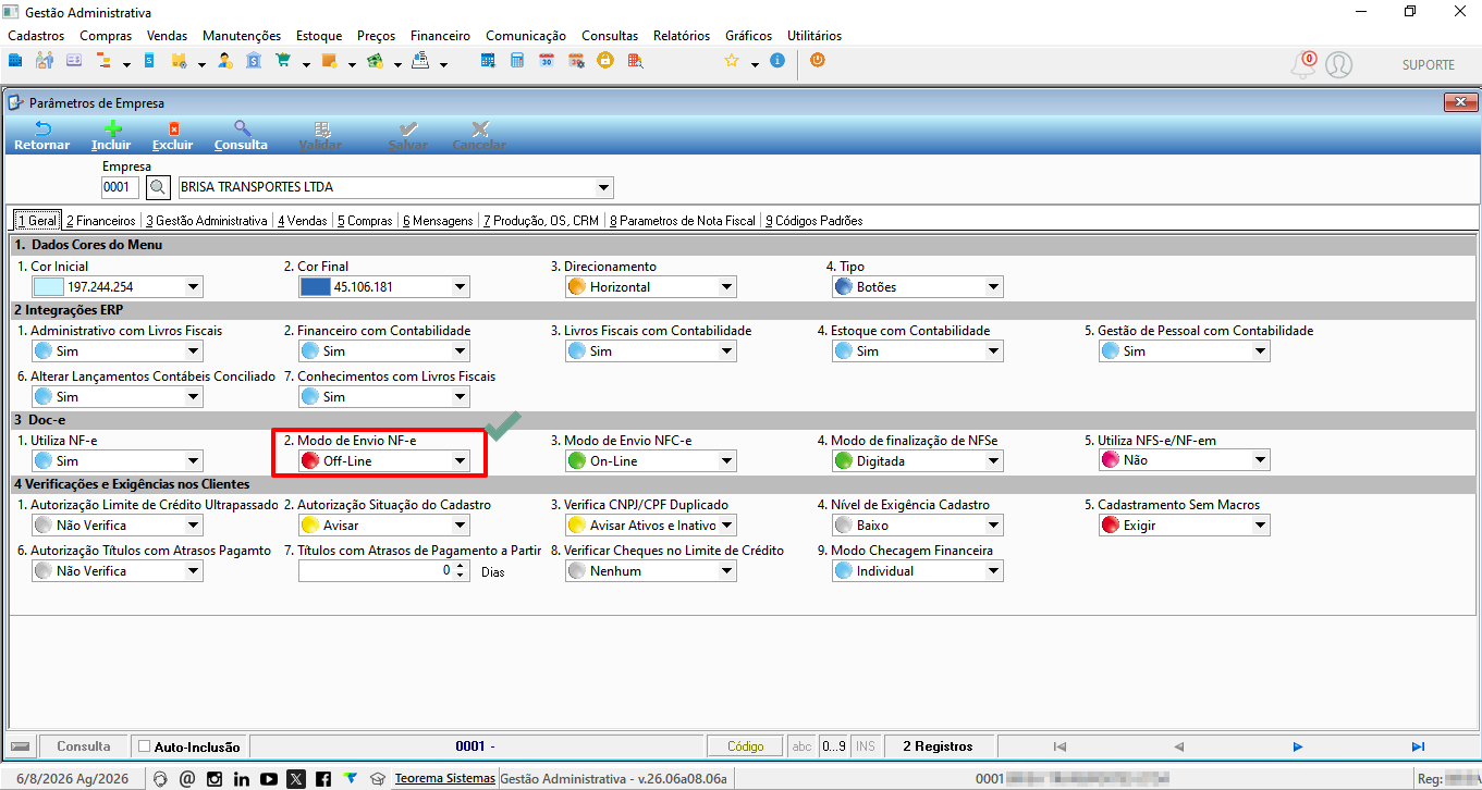 Parâmetros de Empresa com campo Modo de Envio NF-e selecionado como Off-Line