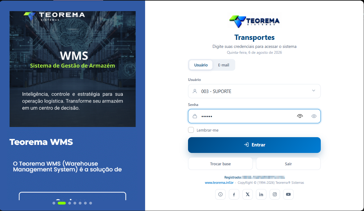 Tela de login do módulo Transportes
