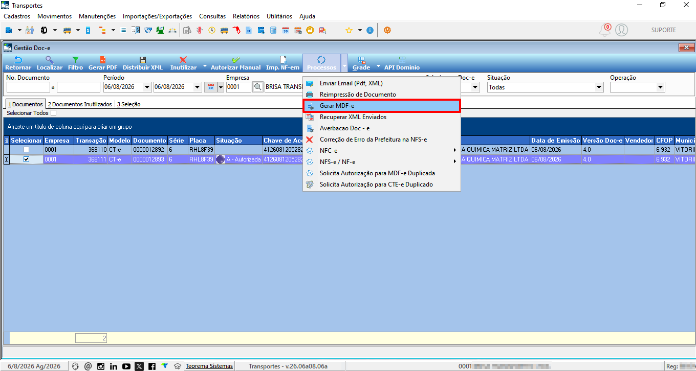 Interface Gestão Doc-e com opção Gerar MDF-e no menu de processos