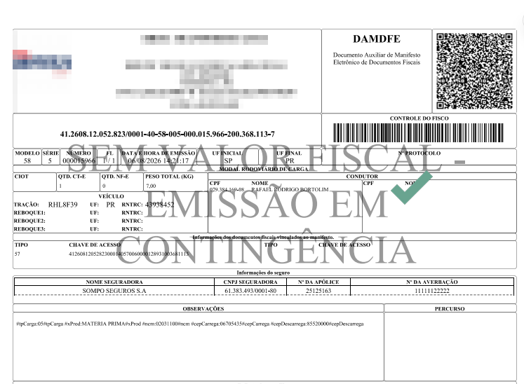 DAMDFE - Documento Auxiliar de Manifesto Eletrônico de Documentos Fiscais