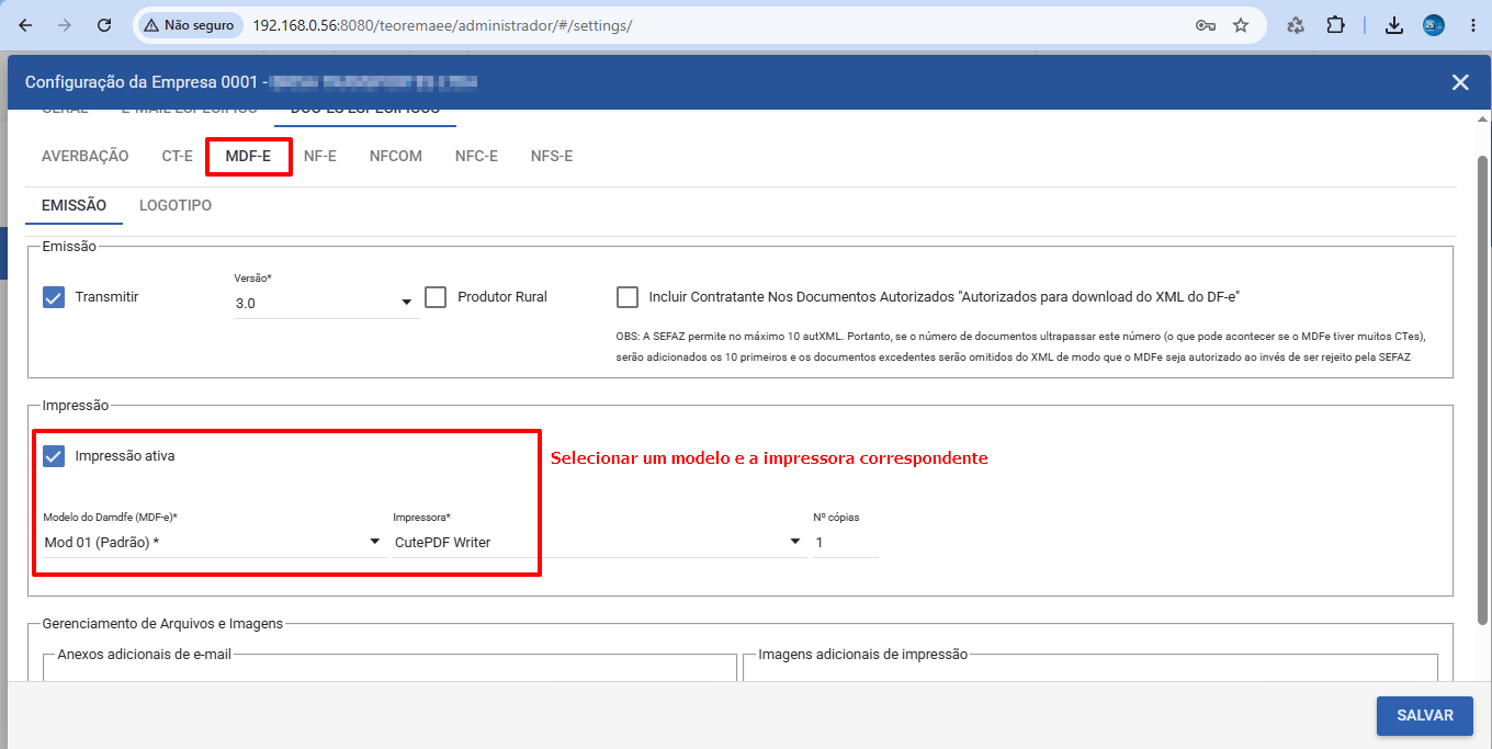 Configuração do Servidor com menu de edição destacado