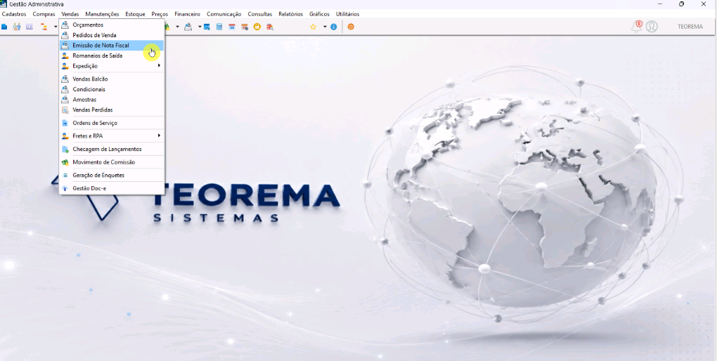 Menu Gestão Administrativa com submenu Vendas destacado