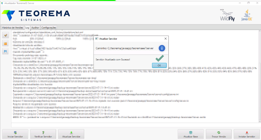 Diálogo Atualizar Servidor mostrando mensagem Servidor Atualizado com Sucesso com checkmark verde