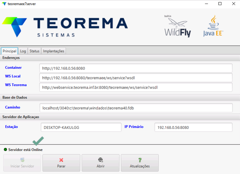 Janela Teorema Server Manager mostrando status Servidor está Online com checkmark verde e informações de endereços e configuração