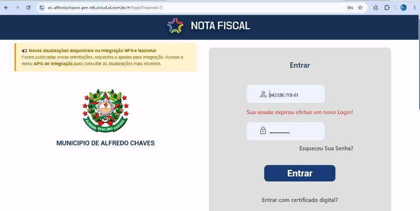 Página de login do Portal da Prefeitura de Alfredo Chaves com logo do município e campos de usuário e senha