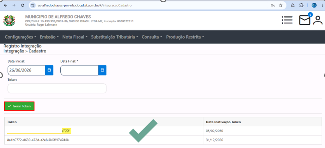 Portal da Prefeitura exibindo Registro Integração com botão Gerar Token em verde e campos Data Inicial, Data Final e Token
