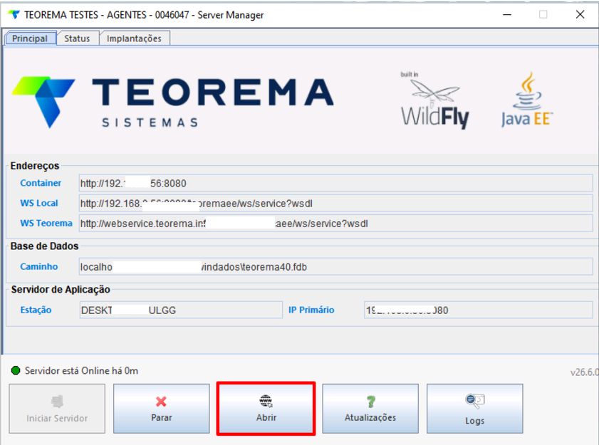 Janela Server Manager Teorema mostrando abas Principal, Status e Implantações com status do servidor e informações de endereços