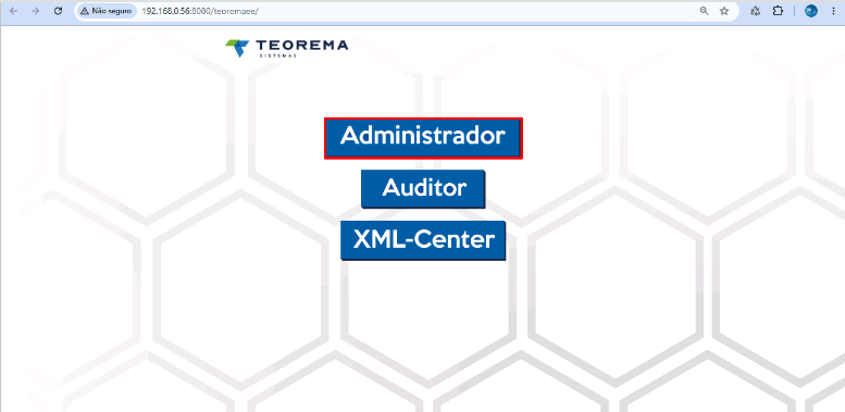 Portal Teorema mostrando três opções: Administrador (com destaque vermelho), Auditor e XML-Center