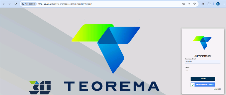 Página de login do Administrador Teorema com logo Teorema, campo Usuário (ou E-mail) preenchido com tiosiolina, campo Senha vazio e botão Entrar