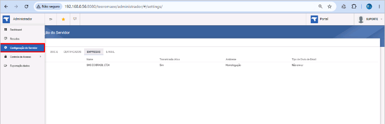 Tela do Administrador Teorema mostrando sidebar esquerdo com opção Configuração do Servidor destacada em azul