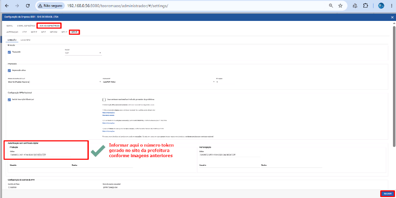 Tela de Configuração de Integração NFS-e mostrando aba DOC-ES Específicos com abas GERAL, SERVIÇOS, NFS-e e aviso em vermelho informar o token gerado no site da prefeitura