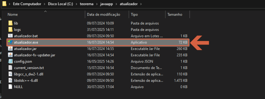 Explorador de arquivos mostrando pasta Atualizador com arquivo atualizador.exe destacado