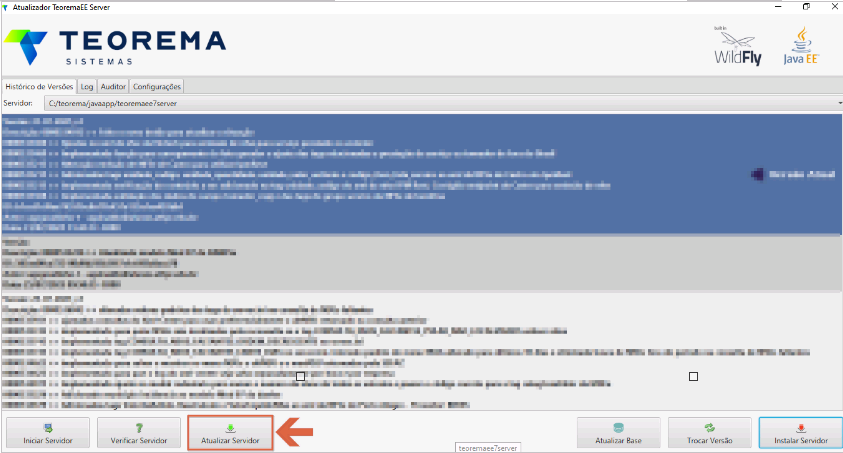 Tela do Atualizador Teorema mostrando menu com botão Atualizar Servidor destacado em vermelho