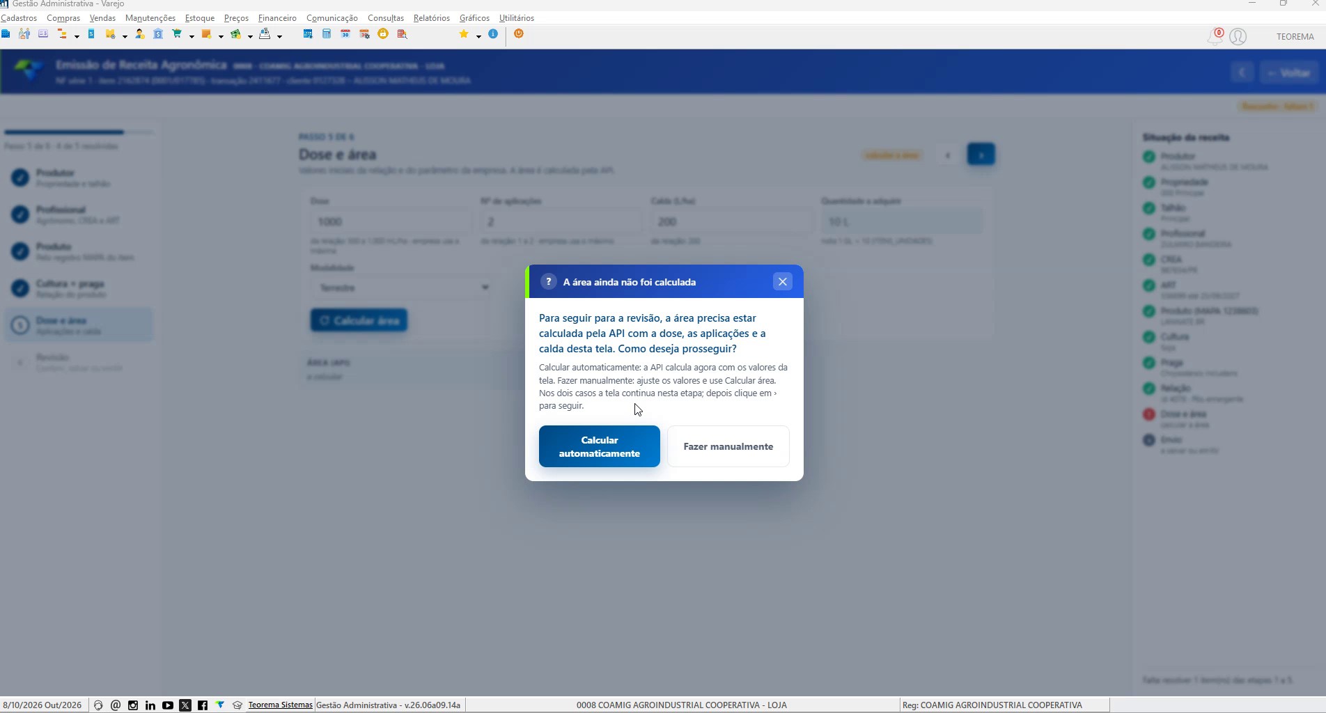 Caixa de diálogo “A área ainda não foi calculada” com as opções Calcular automaticamente e Fazer manualmente
