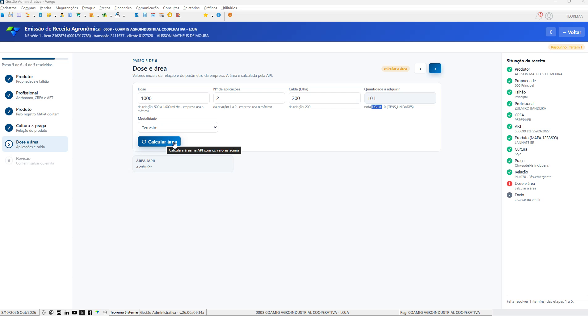 Etapa Dose e área com o cursor sobre o botão Calcular área e o tooltip explicativo do botão
