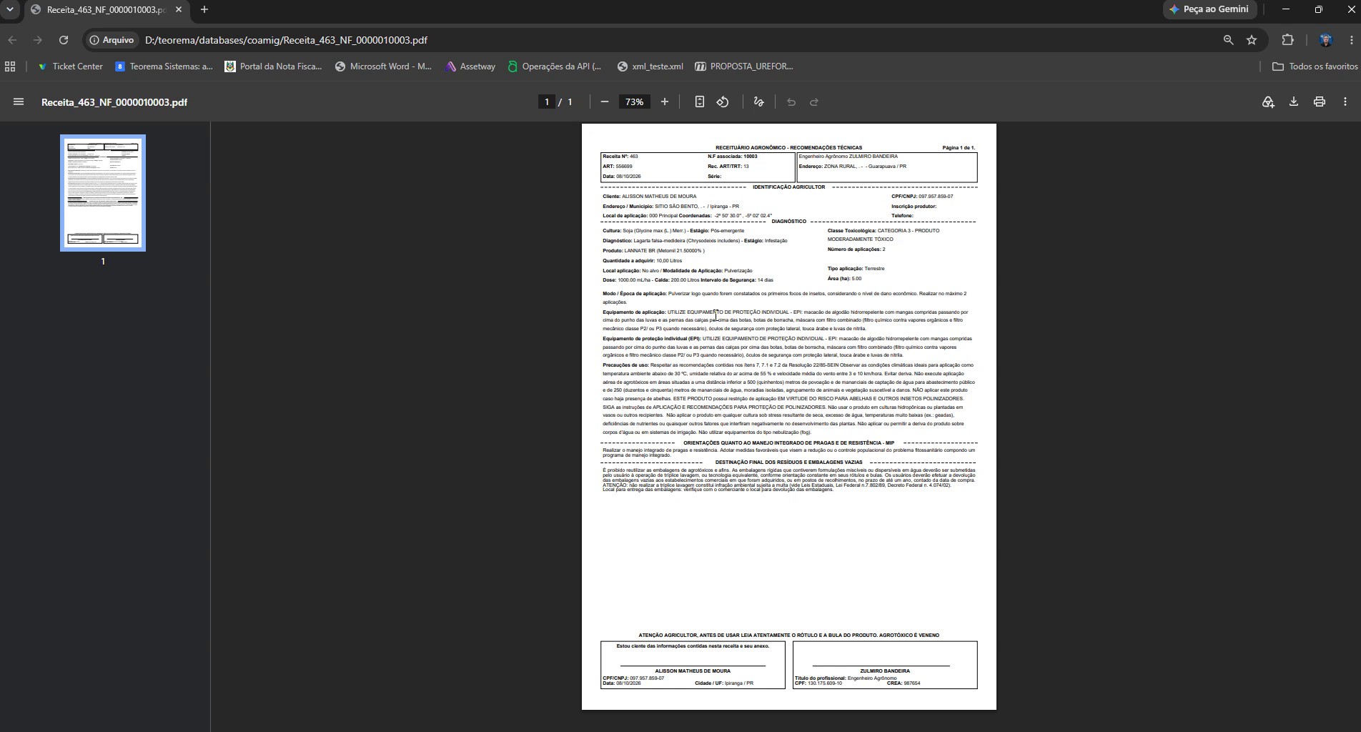 Documento PDF “Receituário Agronômico – Recomendações Técnicas” aberto no navegador