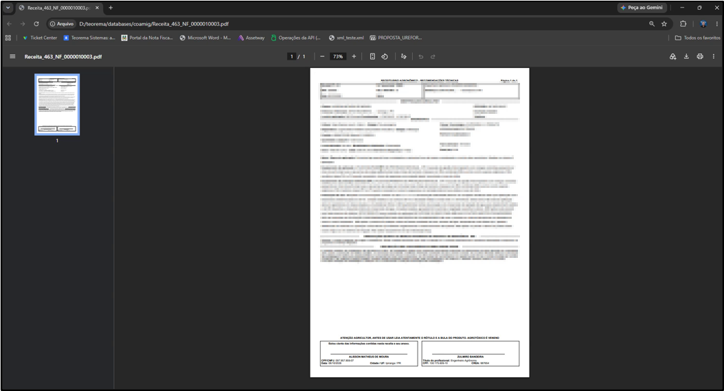 PDF da receita aberto no navegador, com o cabeçalho Receituário Agronômico – Recomendações técnicas, os dados da receita e o bloco de assinatura do produtor e do profissional