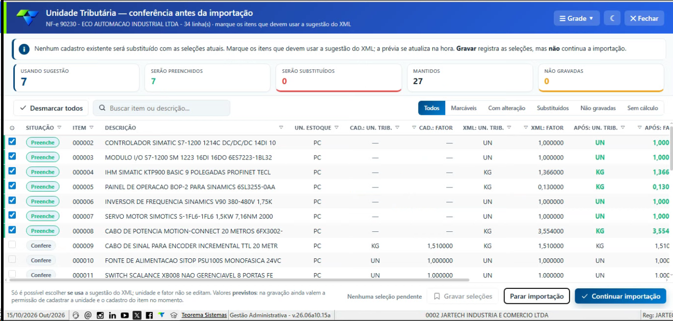 Tela Unidade Tributável - conferência de sugestões, com a lista de itens e o botão Continuar importação no canto inferior direito