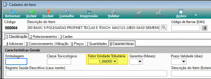 Cadastro de Itens (código 000004), aba Características, com o campo Fator Unidade Tributária destacado em amarelo e preenchido com 1,366000