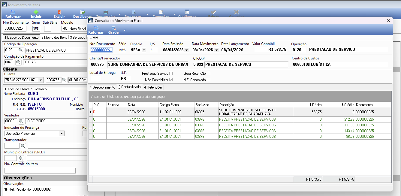 Configuração das contas contábeis para contabilização de movimentos