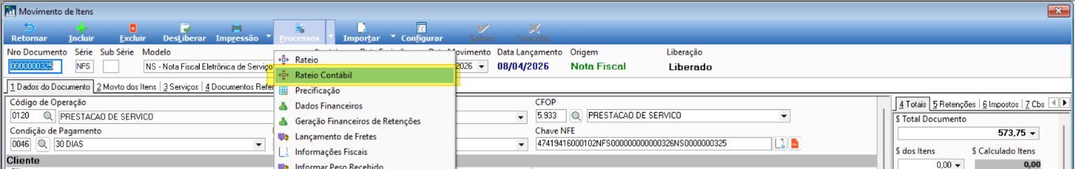 Opção Rateio Contábil no menu Movimento de Itens
