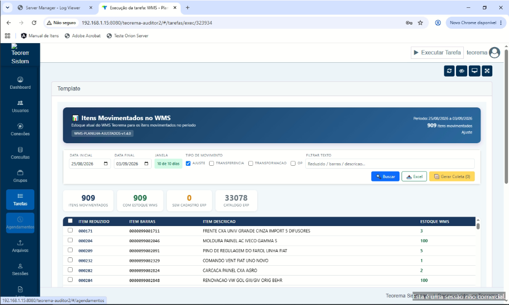 Lista de itens com contagens totais exibidas (909 itens movimentados, 33078 registros)