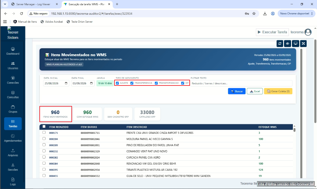 Tela com caixa de filtros de movimentos em destaque (nenhum checkbox selecionado)