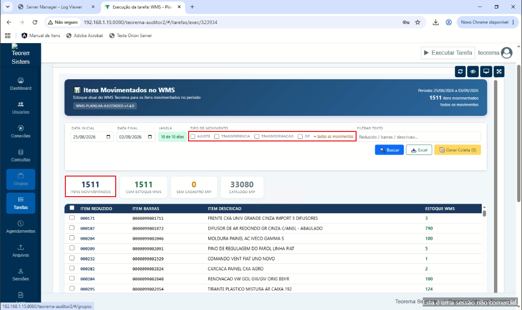 Tela com campo de filtros em destaque mostrando resultado com movimentos diferentes selecionados