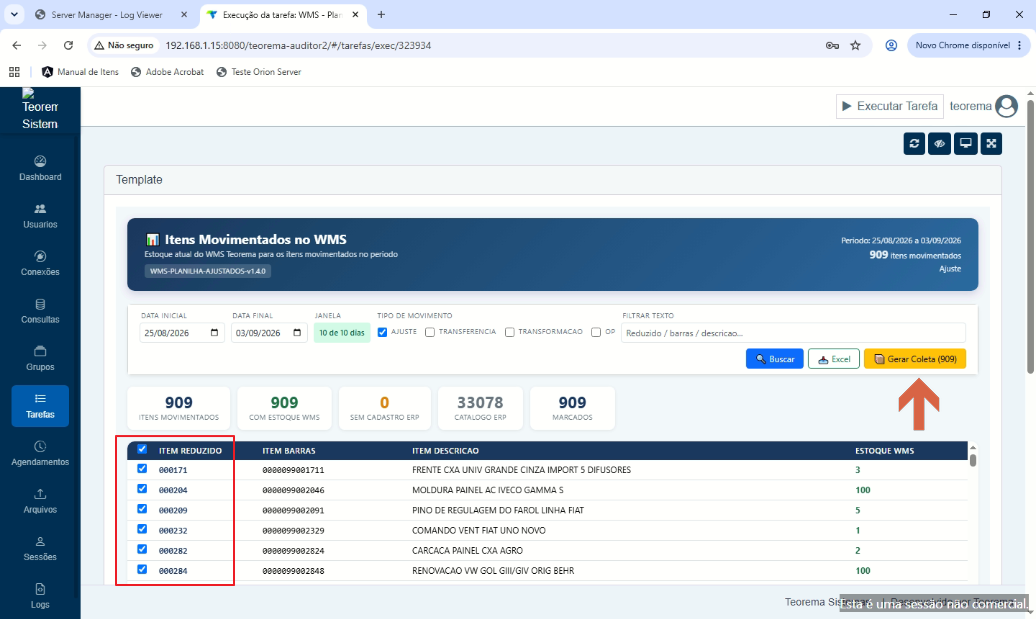 Lista de itens com checkboxes para seleção (alguns itens marcados em destaque)