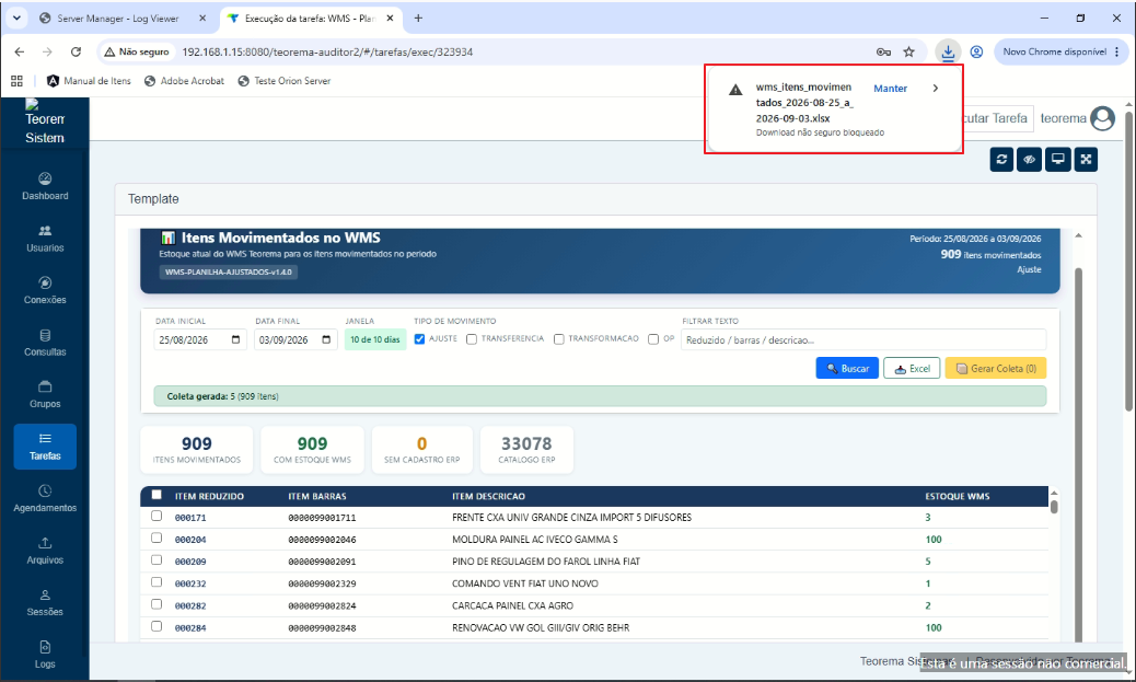 Tela com destaque para opção de exportação
