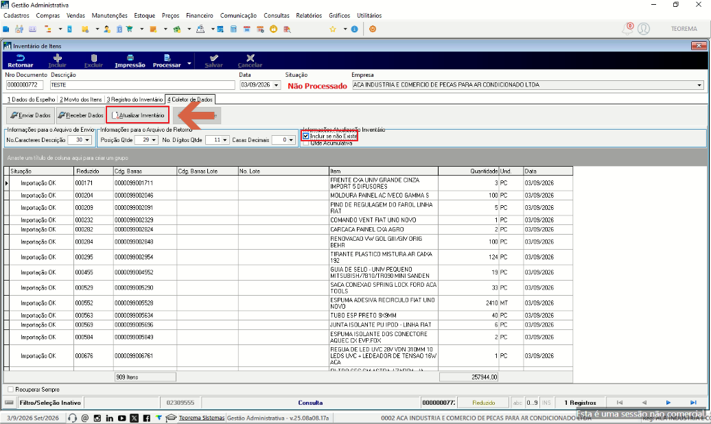 Tela do Inventário com dados dos itens importados em formato de tabela