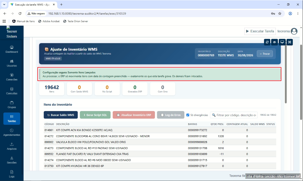 Tela do Auditor com alerta de configuração do inventário em vermelho