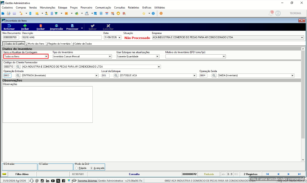 Interface do Auditor exibindo status de configuração do inventário