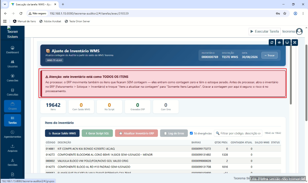 Detalhe da tela com mensagem de validação da configuração de inventário