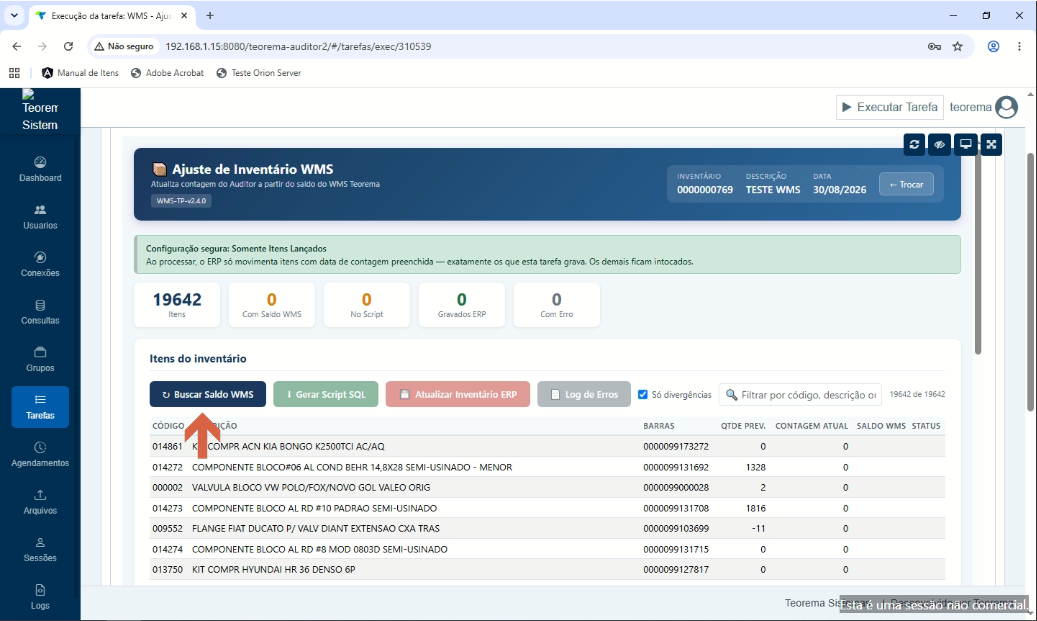 Interface do Auditor com lista de itens do inventário