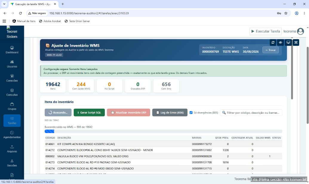 Tela de processamento e busca de saldos no WMS