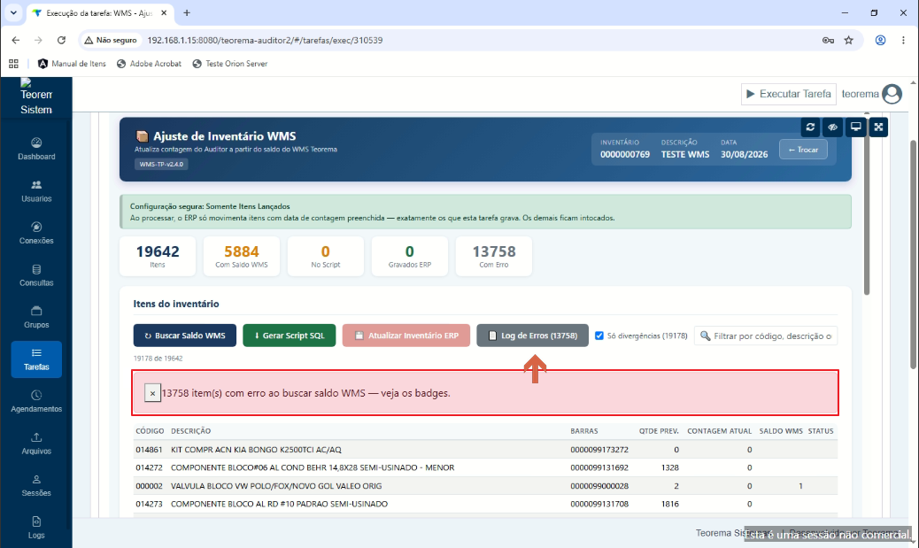 Tela do Auditor com aviso de erros encontrados na consulta de saldos