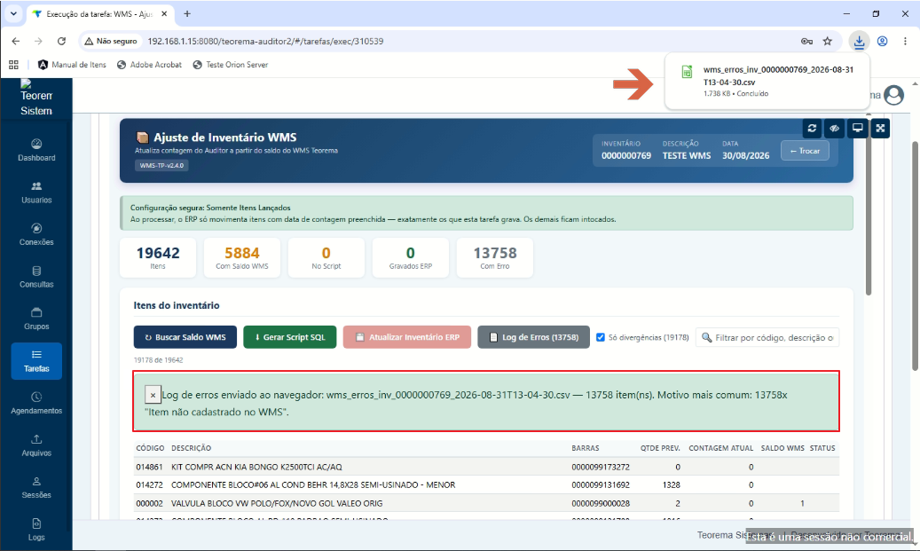 Interface exibindo detalhes de itens com erro durante a consulta