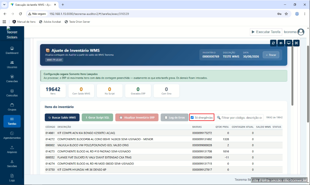 Interface do Auditor com filtro "Só divergências" e lista de itens divergentes