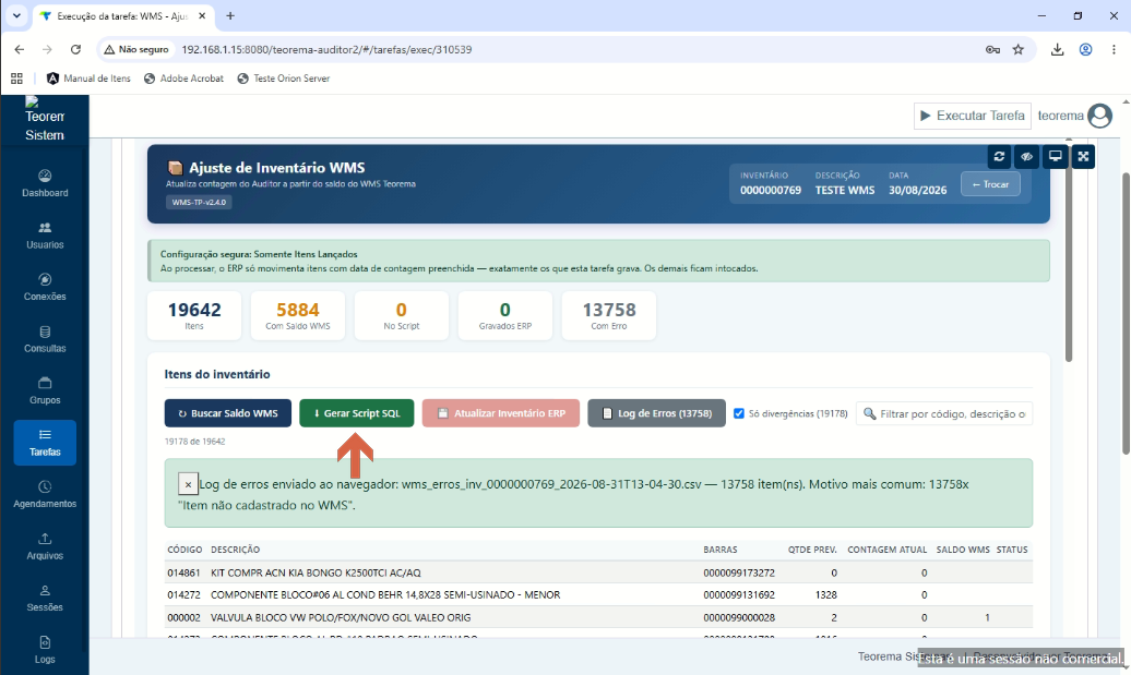 Tela do Auditor com opção para gerar script SQL do inventário