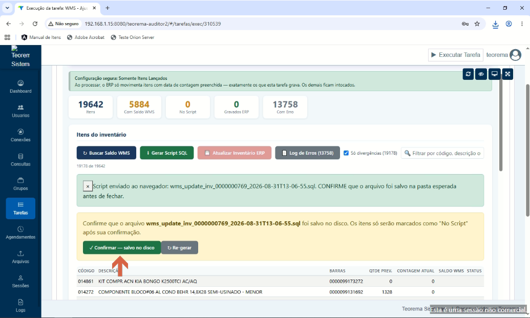 Interface mostrando confirmação de geração do script SQL
